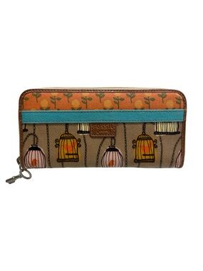 Vintage Fossil Beige Canvas Birdcage Wallet Teal Trim and Orange Accent